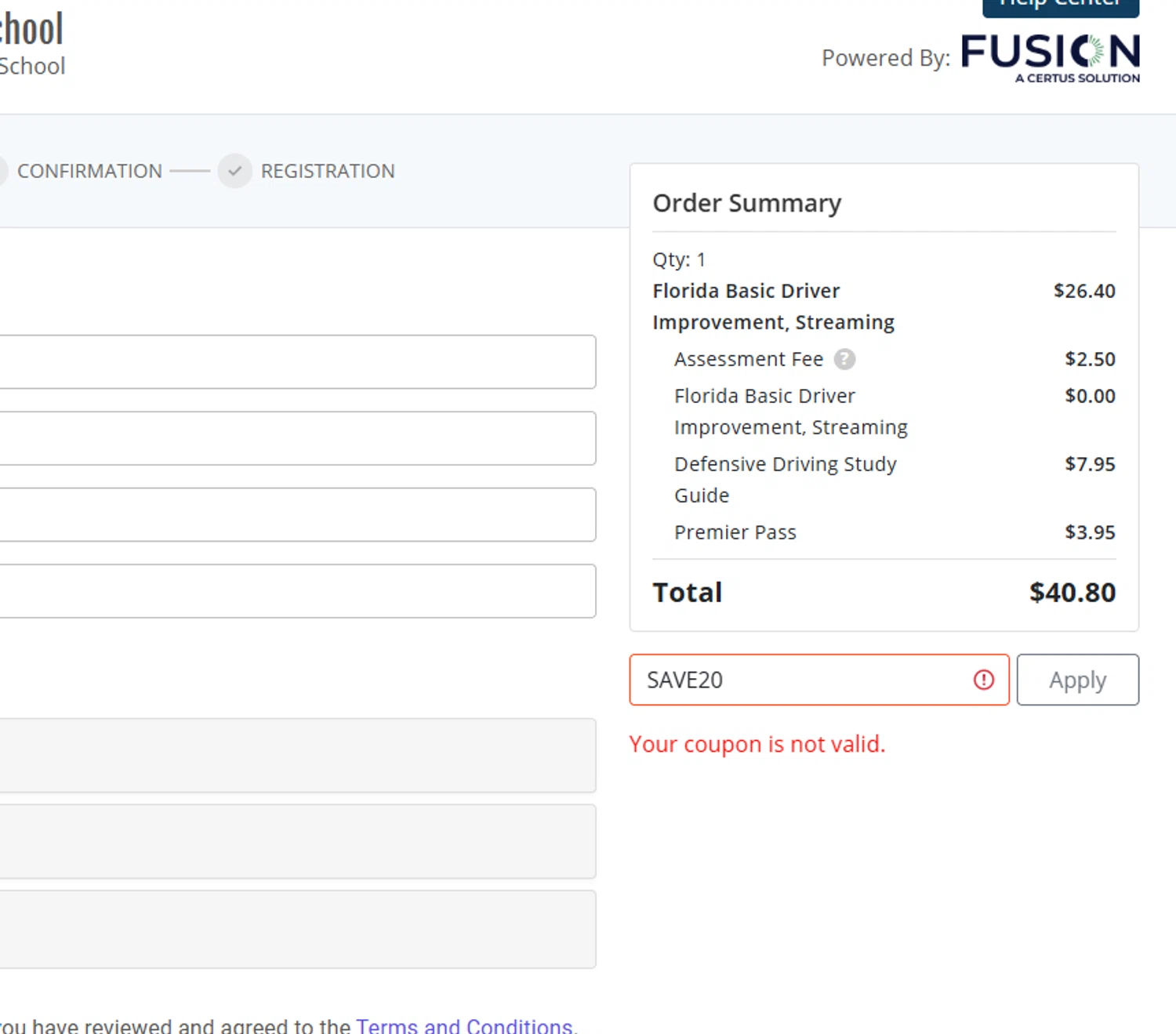 Florida Online Traffic School promo code screenshot showing code save20 applied at Florida Online Traffic School checkout page. Uploaded by SimplyCodes community member BargainPilot9399 on Aug 8, 2025
