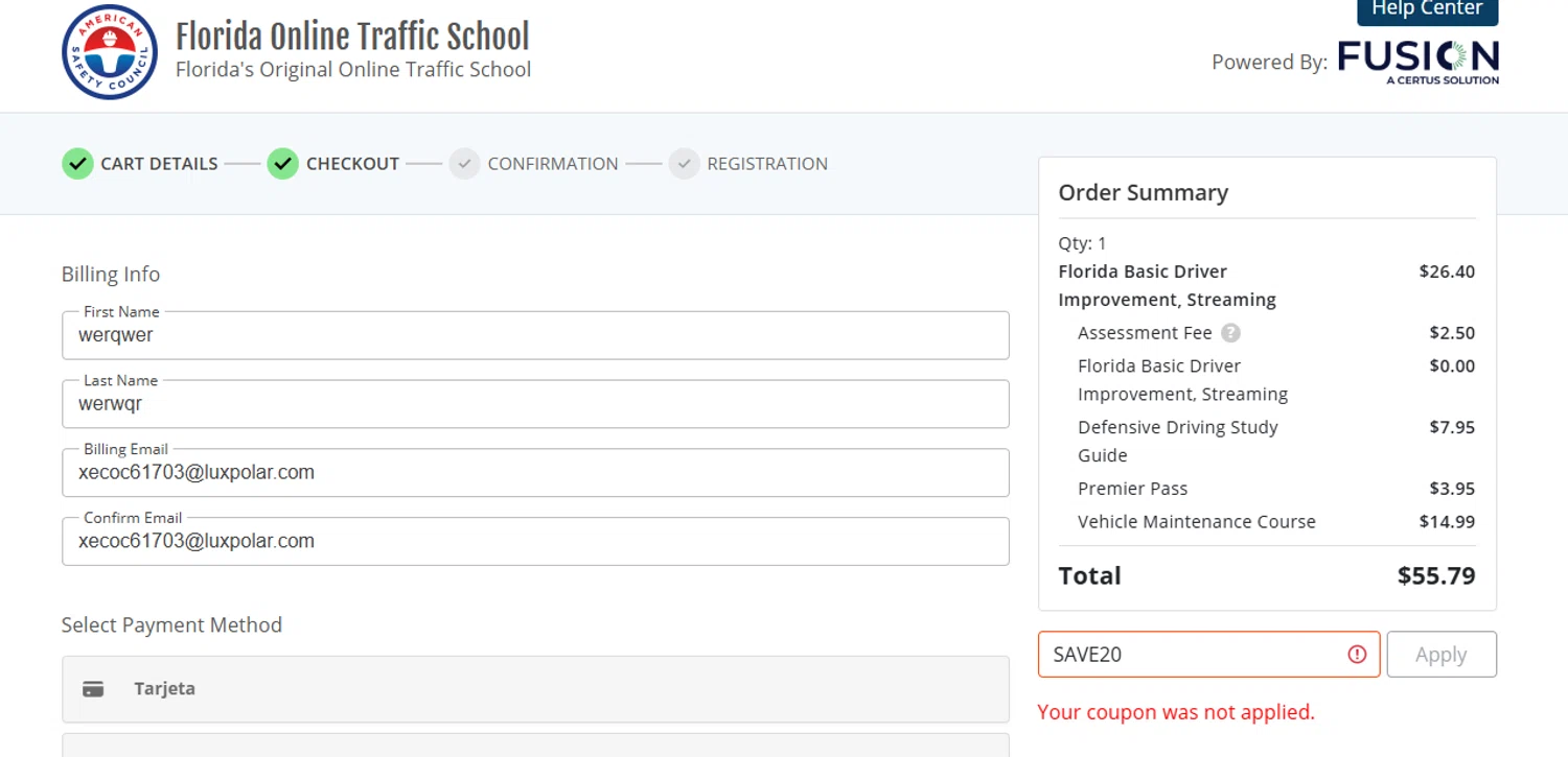 Florida Online Traffic School checkout page showing Florida Online Traffic School promo code box | Screenshot taken by SimplyCodes community member on Jul 23, 2025