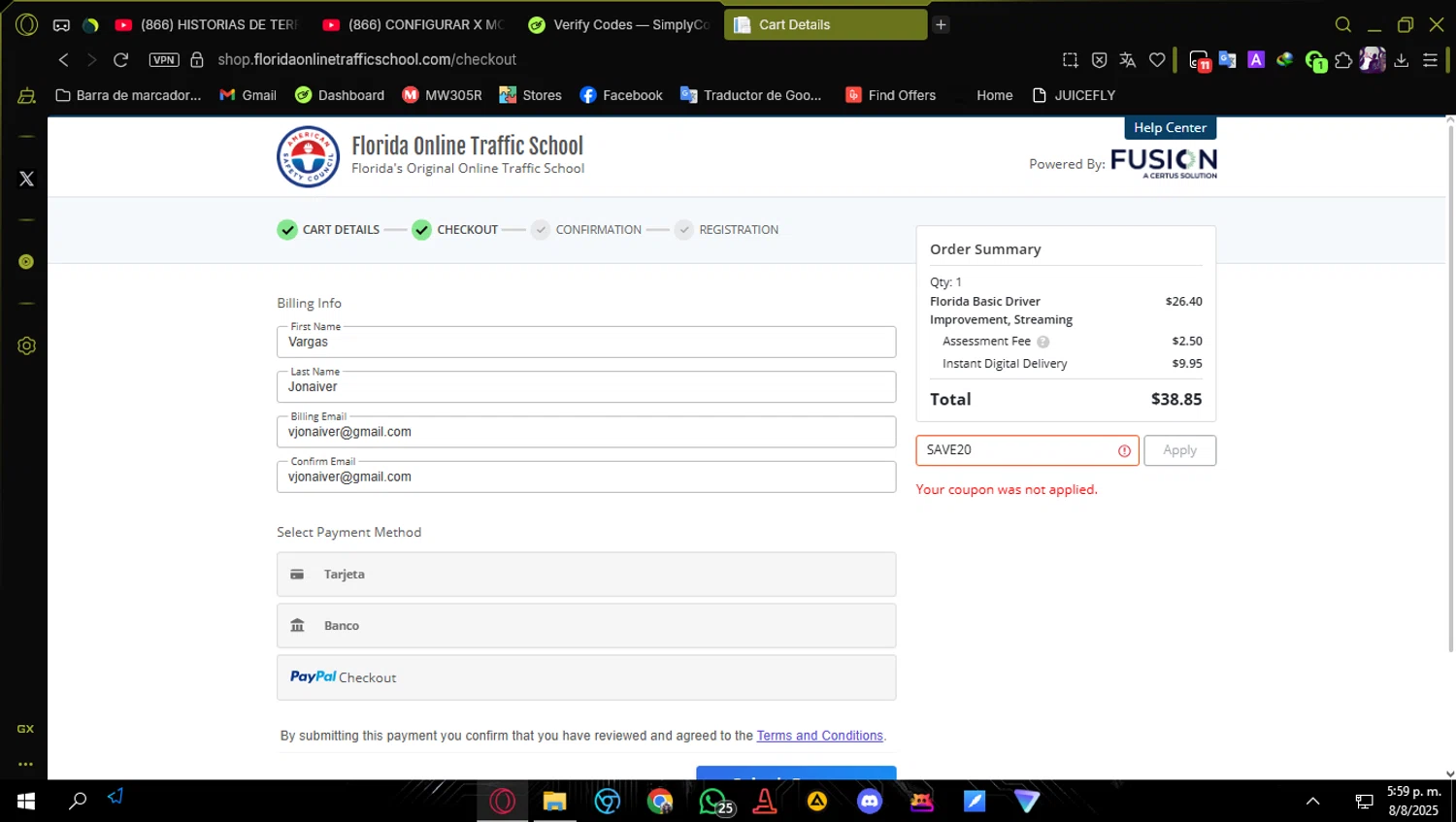 Florida Online Traffic School promo code screenshot showing code save20 applied at Florida Online Traffic School checkout page. Uploaded by SimplyCodes community member StevenW on Aug 8, 2025