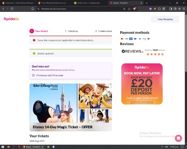 FloridaTix checkout page showing FloridaTix discount code box | Screenshot taken by SimplyCodes community member on Aug 20, 2025