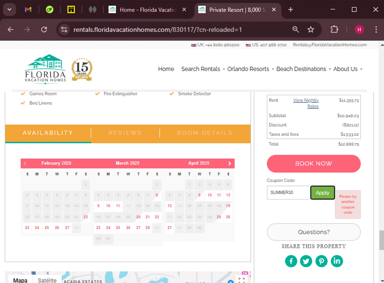 Florida Vacation Homes promo code screenshot showing code SUMMER30 applied at Florida Vacation Homes checkout page. Uploaded by SimplyCodes community member RewardWarden8289 on Feb 16, 2025