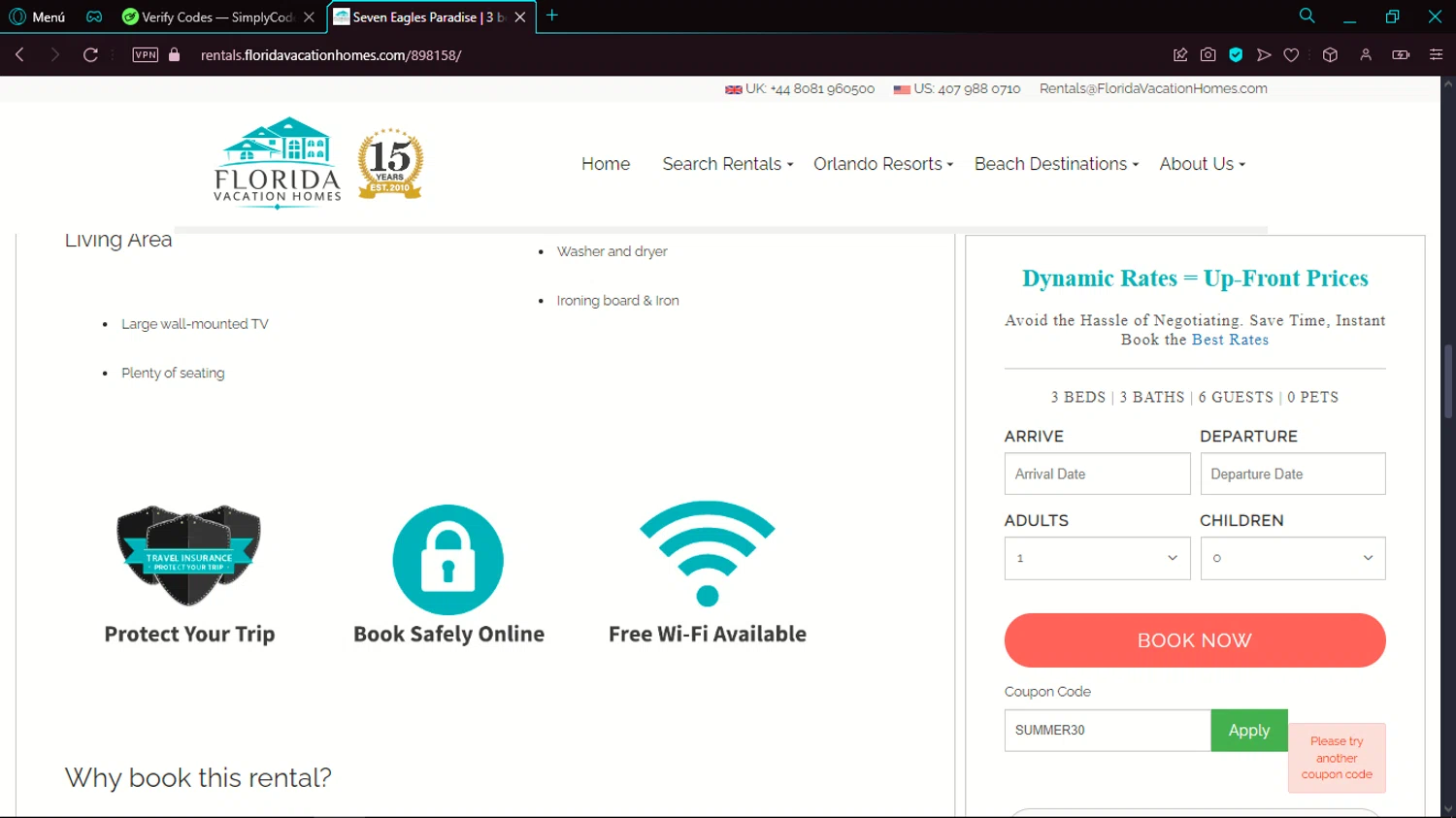 Florida Vacation Homes checkout page showing Florida Vacation Homes promo code box | Screenshot taken by SimplyCodes community member on Jan 15, 2025