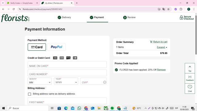 Florists.com checkout page showing Florists.com coupon code box | Screenshot taken by SimplyCodes community member on Aug 3, 2025
