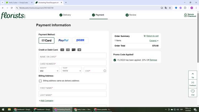 Florists.com checkout page showing Florists.com coupon code box | Screenshot taken by SimplyCodes community member on Sep 1, 2025