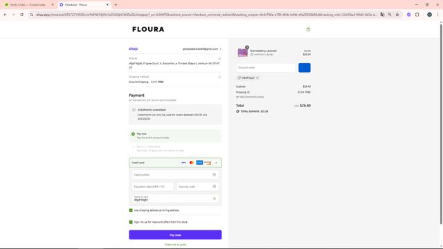 Floura checkout page showing Floura promo code box | Screenshot taken by SimplyCodes community member on Sep 2, 2025