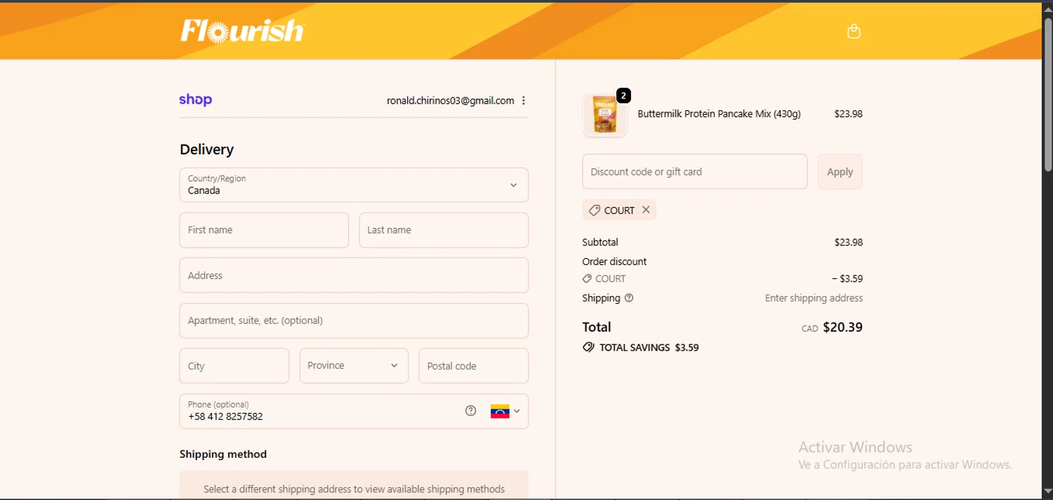 Flourish Pancakes discount code screenshot showing code COURT applied at Flourish Pancakes checkout page. Uploaded by SimplyCodes community member CrownAce9258 on Jan 19, 2026