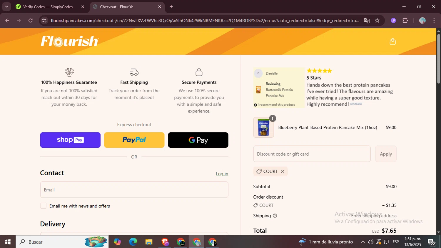 Flourish Pancakes discount code screenshot showing code COURT applied at Flourish Pancakes checkout page. Uploaded by SimplyCodes community member LegendaryPro7106 on Jun 13, 2025