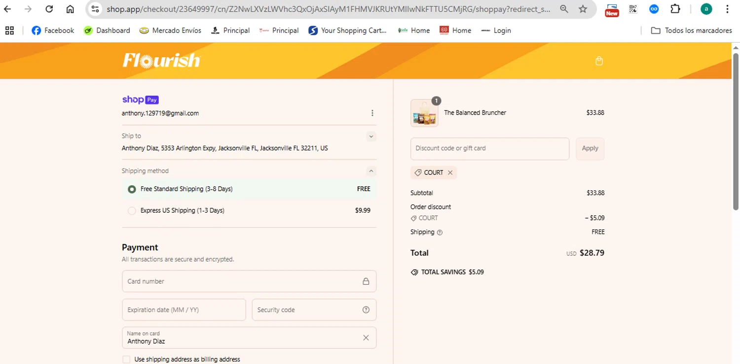 Flourish Pancakes discount code screenshot showing code COURT applied at Flourish Pancakes checkout page. Uploaded by SimplyCodes community member anthonydiaz1 on Mar 11, 2025