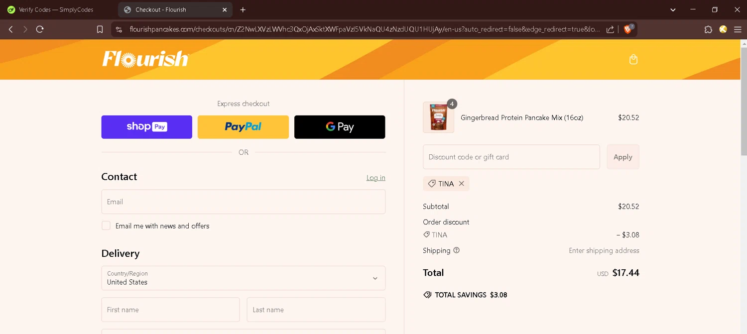 Flourish Pancakes discount code screenshot showing code TINA applied at Flourish Pancakes checkout page. Uploaded by SimplyCodes community member BrilliantChaser4706 on Feb 12, 2025