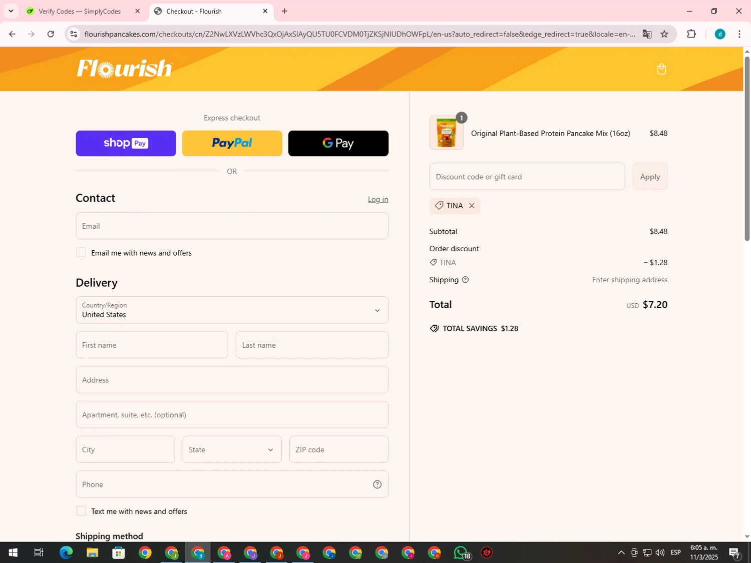 Flourish Pancakes discount code screenshot showing code TINA applied at Flourish Pancakes checkout page. Uploaded by SimplyCodes community member GloriousTiger3507 on Mar 11, 2025