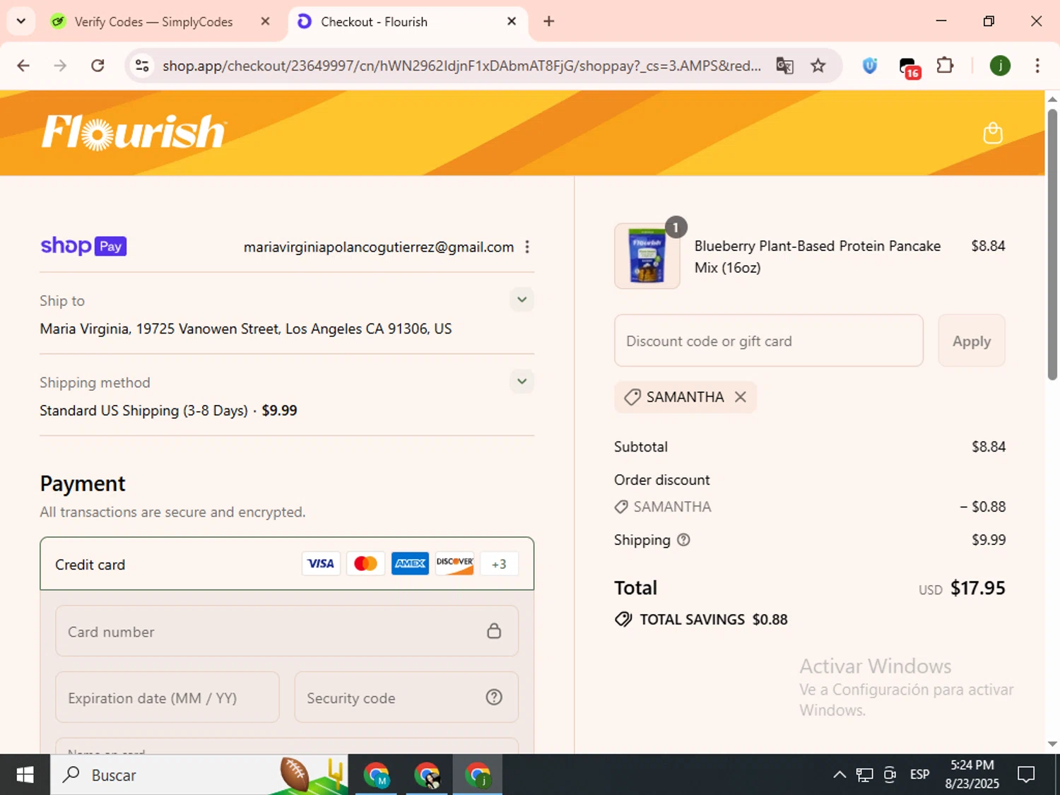 Flourish Pancakes discount code screenshot showing code SAMANTHA applied at Flourish Pancakes checkout page. Uploaded by SimplyCodes community member SavingsCollector2592 on Aug 23, 2025