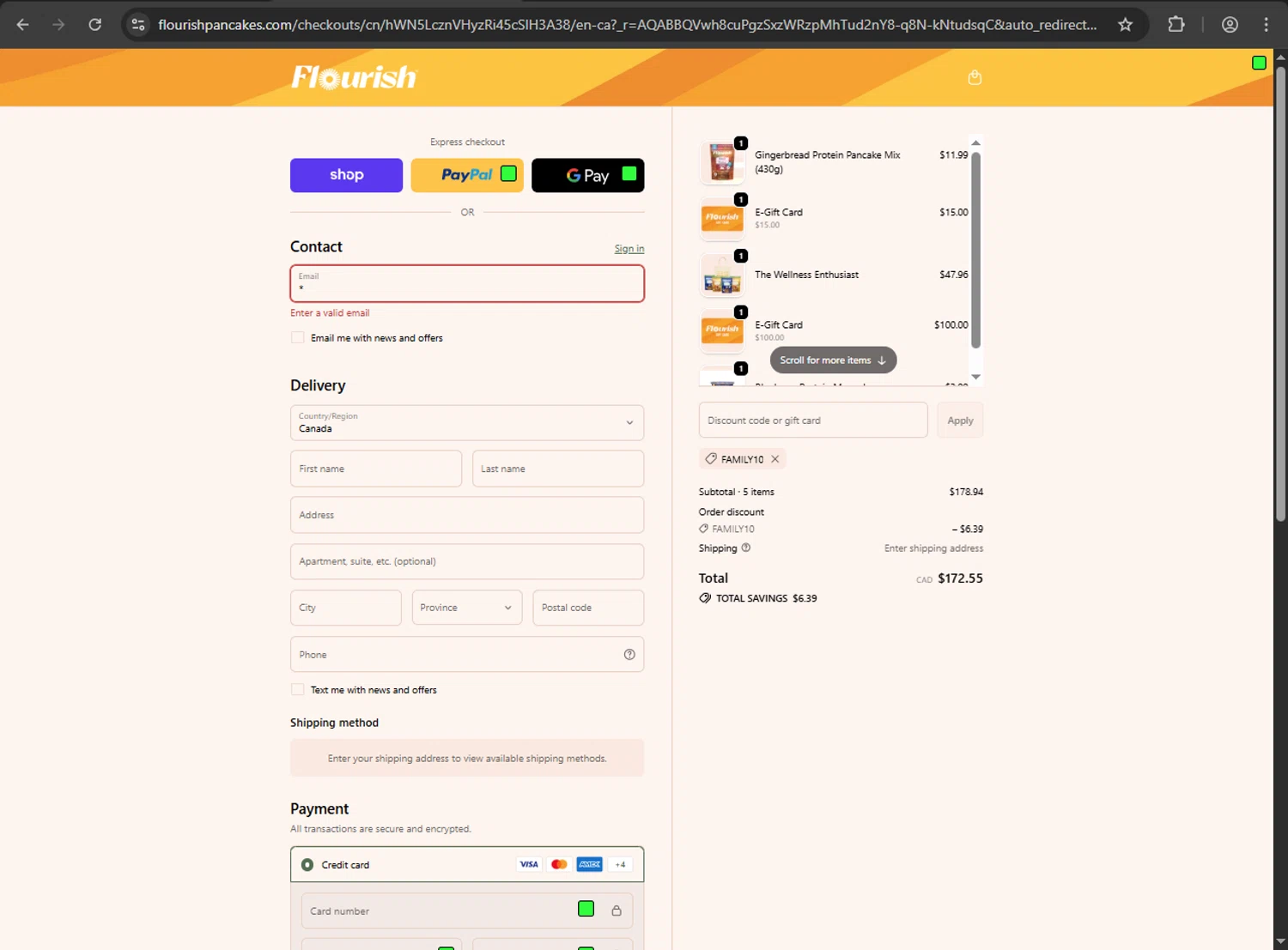 Flourish Pancakes discount code screenshot showing code FAMILY10 applied at Flourish Pancakes checkout page. Uploaded by SimplyCodes community member Niideamrk on Nov 16, 2025