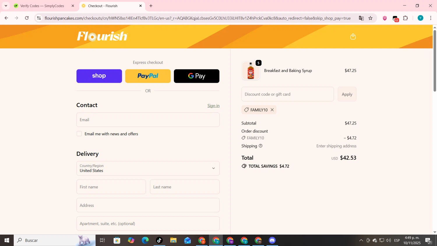 Flourish Pancakes discount code screenshot showing code FAMILY10 applied at Flourish Pancakes checkout page. Uploaded by SimplyCodes community member codygakpo on Nov 10, 2025