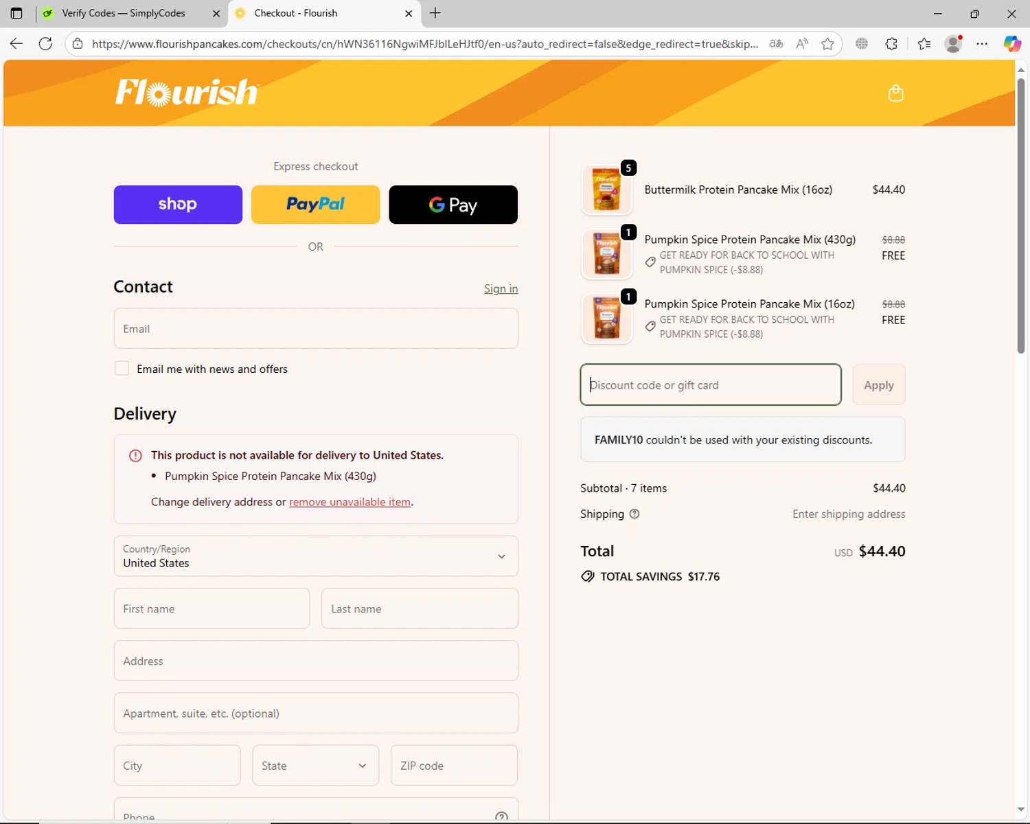 Flourish Pancakes discount code screenshot showing code FAMILY10 applied at Flourish Pancakes checkout page. Uploaded by SimplyCodes community member jechtff10 on Sep 17, 2025