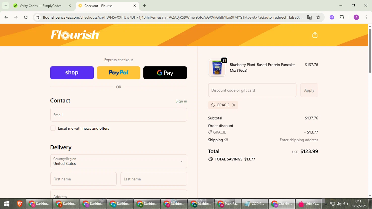 Flourish Pancakes discount code screenshot showing code Gracie applied at Flourish Pancakes checkout page. Uploaded by SimplyCodes community member cuieoseva on Dec 1, 2025