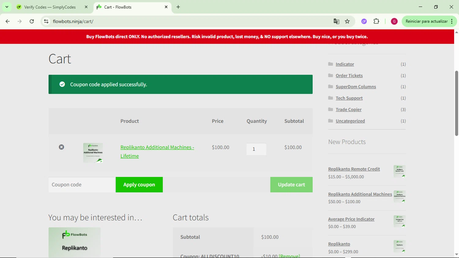 FlowBots coupon code screenshot showing code ALLDISCOUNT10 applied at FlowBots checkout page. Uploaded by SimplyCodes community member CrownFinder3074 on Jun 11, 2025
