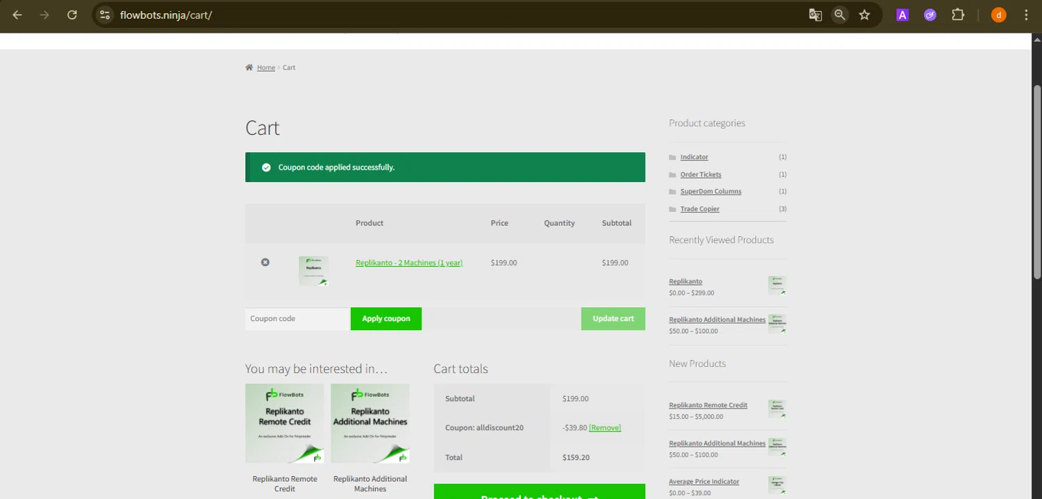 FlowBots coupon code screenshot showing code ALLDISCOUNT20 applied at FlowBots checkout page. Uploaded by SimplyCodes community member PennyAdmiral6960 on Aug 25, 2025