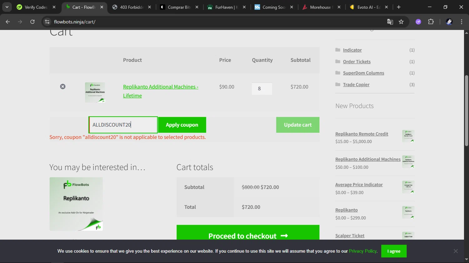 FlowBots coupon code screenshot showing code ALLDISCOUNT20 applied at FlowBots checkout page. Uploaded by SimplyCodes community member RoyalMaestro2129 on Sep 23, 2025
