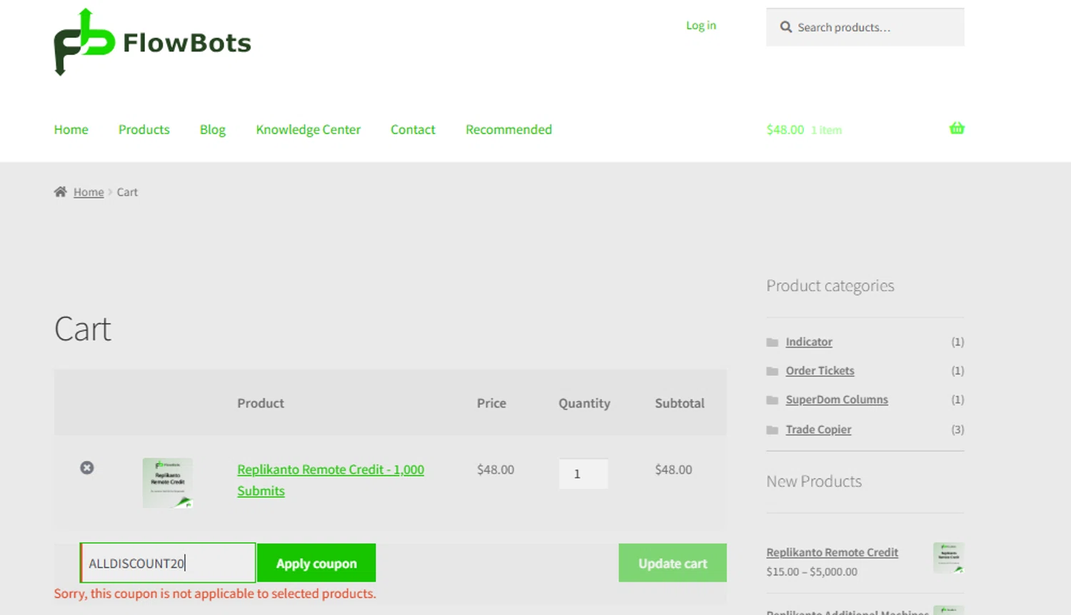 FlowBots coupon code screenshot showing code ALLDISCOUNT20 applied at FlowBots checkout page. Uploaded by SimplyCodes community member peachee on May 29, 2025