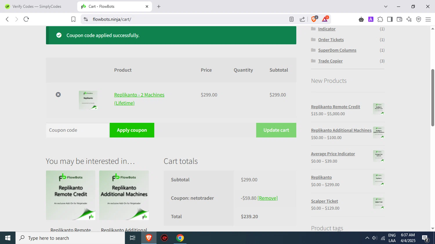 FlowBots coupon code screenshot showing code netotrader applied at FlowBots checkout page. Uploaded by SimplyCodes community member Juliocesar27 on Apr 4, 2025