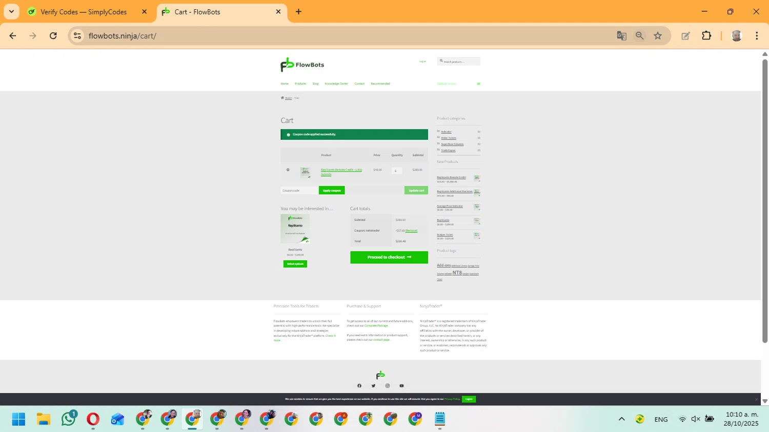 FlowBots coupon code screenshot showing code netotrader applied at FlowBots checkout page. Uploaded by SimplyCodes community member ManuelF on Oct 28, 2025