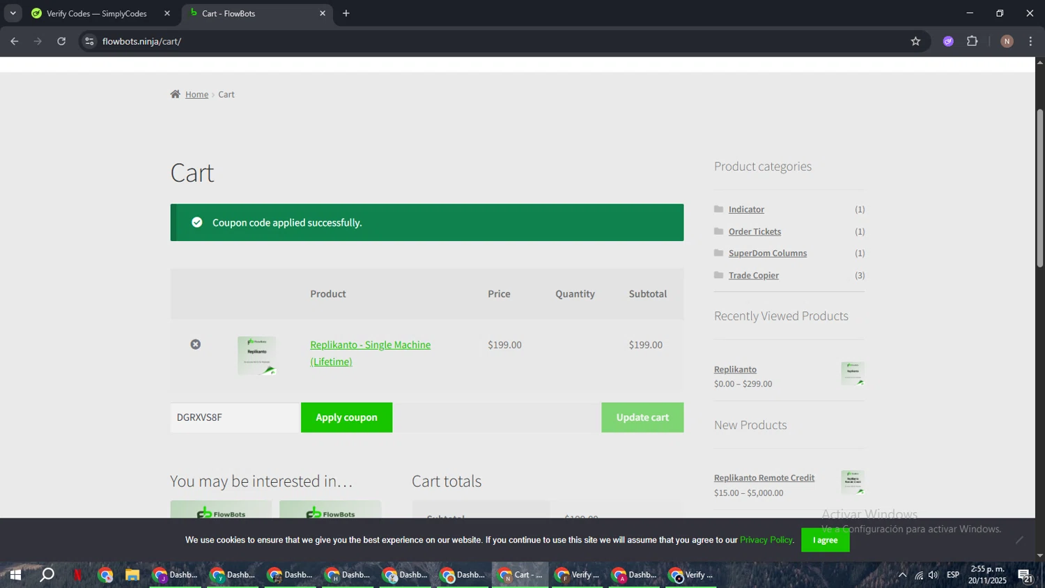 FlowBots coupon code screenshot showing code DGRXVS8F applied at FlowBots checkout page. Uploaded by SimplyCodes community member DiscountPioneer2554 on Nov 20, 2025