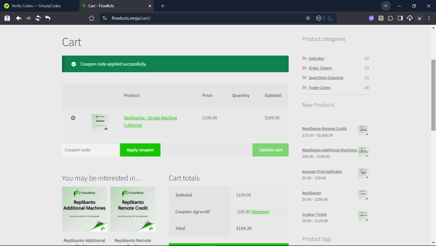 FlowBots coupon code screenshot showing code DGRXVS8F applied at FlowBots checkout page. Uploaded by SimplyCodes community member LegendaryCollector6259 on Feb 5, 2026