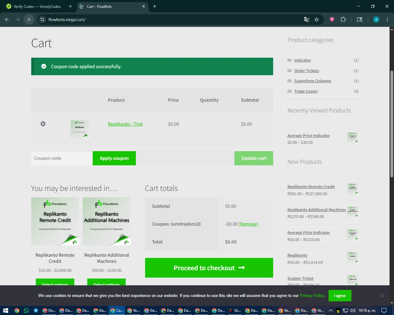 FlowBots coupon code screenshot showing code lumitraders20 applied at FlowBots checkout page. Uploaded by SimplyCodes community member CodeMaverick5767 on Sep 8, 2025