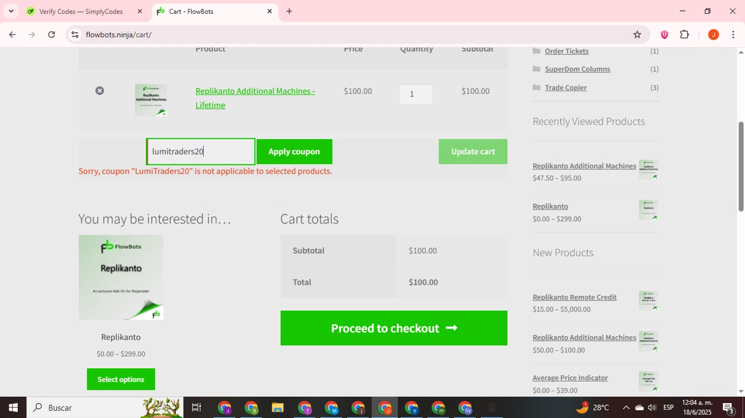 FlowBots coupon code screenshot showing code lumitraders20 applied at FlowBots checkout page. Uploaded by SimplyCodes community member ExtraordinaryNavigator393 on Jun 18, 2025