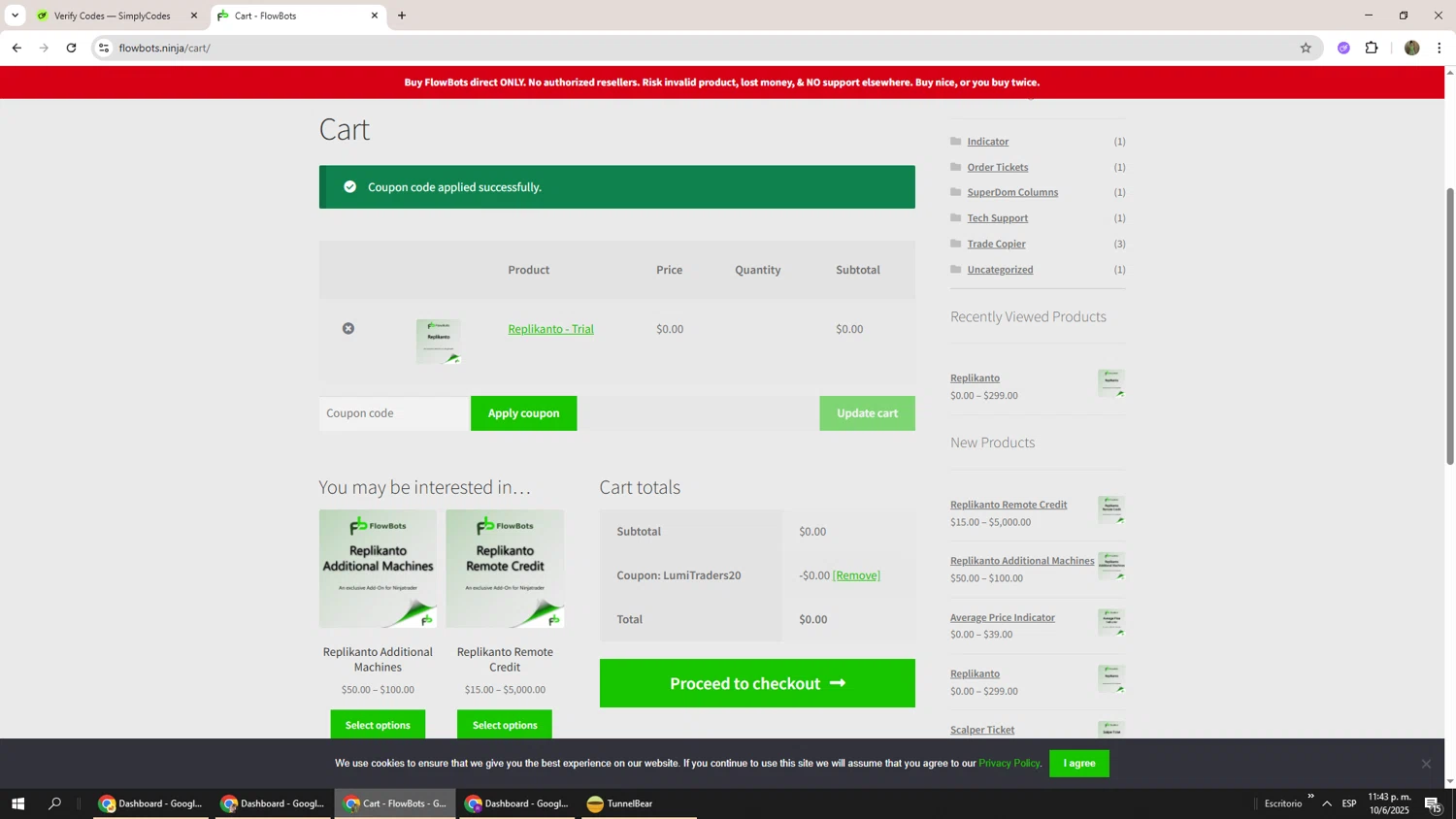 FlowBots coupon code screenshot showing code lumitraders20 applied at FlowBots checkout page. Uploaded by SimplyCodes community member Phoenix585 on Jun 11, 2025