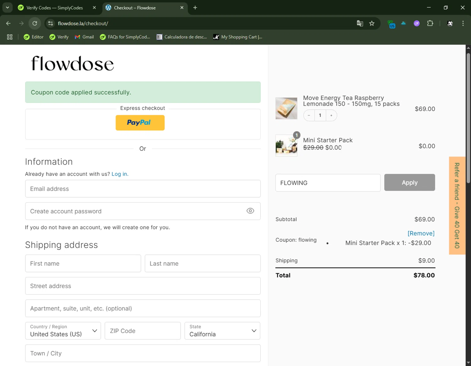 Flowdose promo code screenshot showing code FLOWING applied at Flowdose checkout page. Uploaded by SimplyCodes community member FelixelGato on Jun 27, 2025