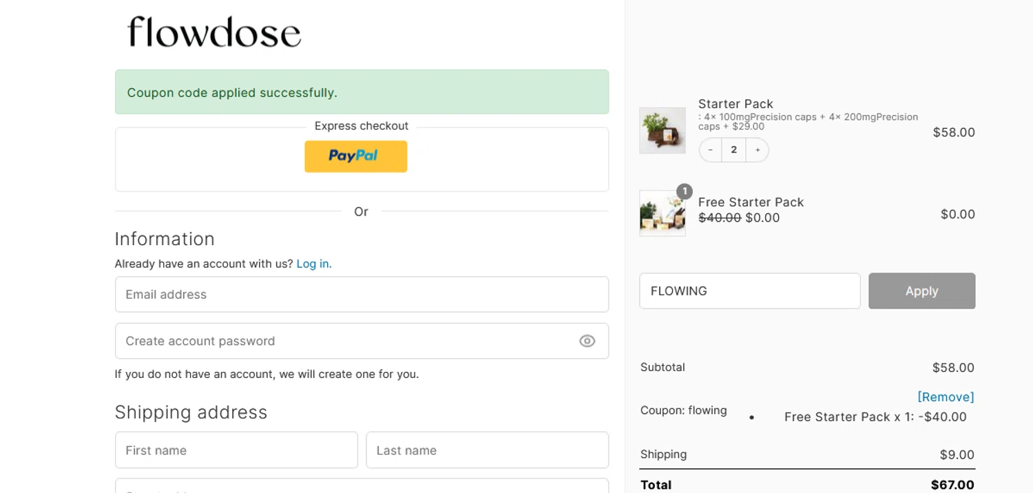 Flowdose promo code screenshot showing code FLOWING applied at Flowdose checkout page. Uploaded by SimplyCodes community member CRYSTALSUICINE on May 23, 2025