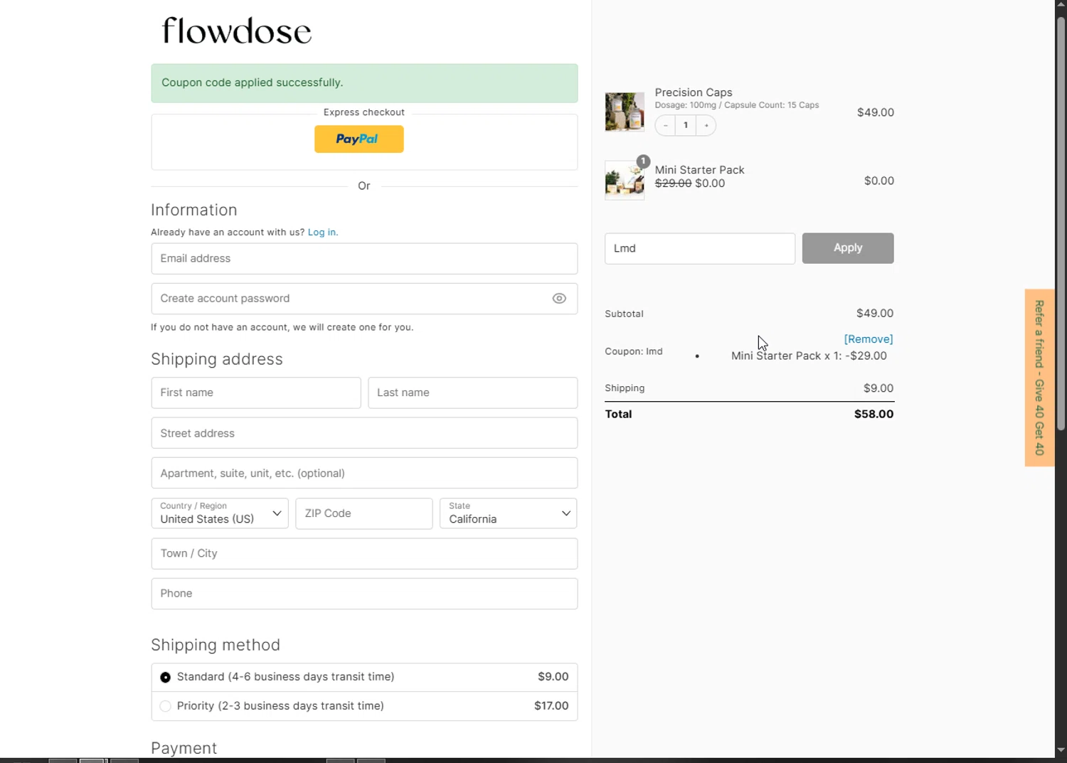 Flowdose promo code screenshot showing code Lmd applied at Flowdose checkout page. Uploaded by SimplyCodes community member Heibk201 on Jun 20, 2025