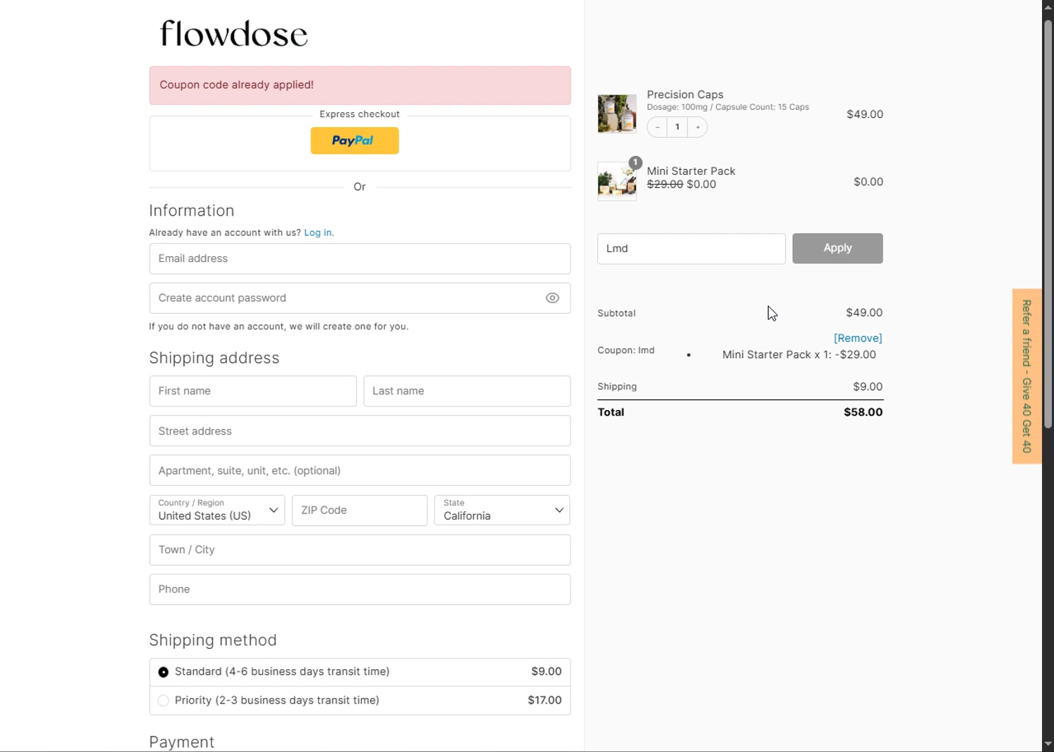 Flowdose promo code screenshot showing code Lmd applied at Flowdose checkout page. Uploaded by SimplyCodes community member Heibk201 on Jun 27, 2025