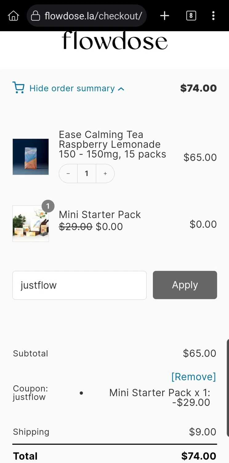 Flowdose promo code screenshot showing code justflow applied at Flowdose checkout page. Uploaded by SimplyCodes community member Carloslvz on Nov 11, 2025