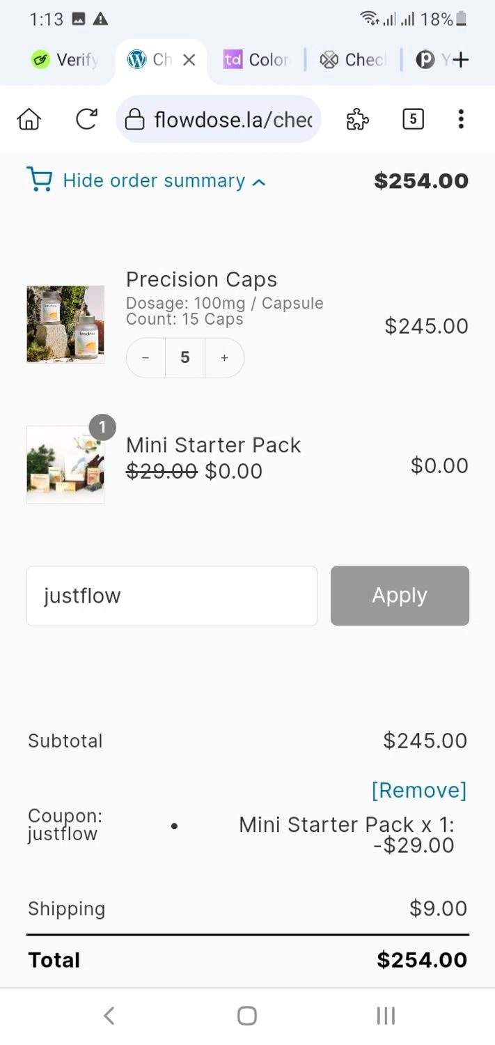 Flowdose promo code screenshot showing code justflow applied at Flowdose checkout page. Uploaded by SimplyCodes community member menotychire on Jul 31, 2025
