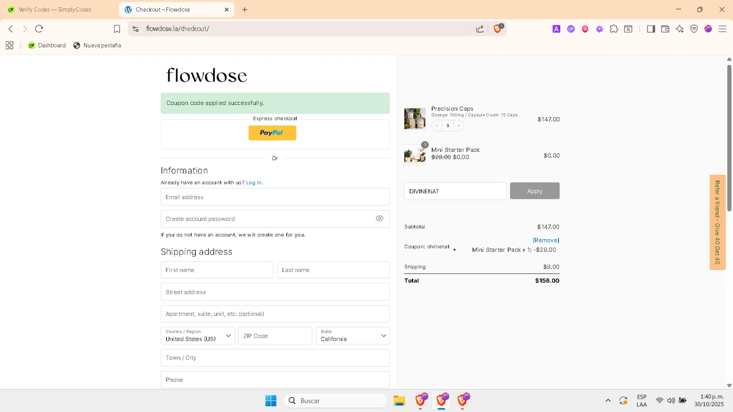 Flowdose promo code screenshot showing code DIVINENAT applied at Flowdose checkout page. Uploaded by SimplyCodes community member PrimeWhiz4850 on Oct 30, 2025