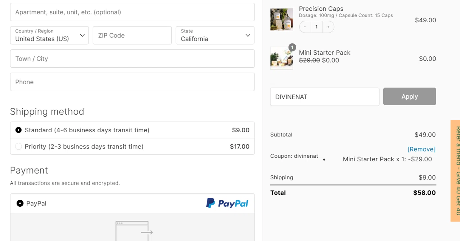 Flowdose promo code screenshot showing code DIVINENAT applied at Flowdose checkout page. Uploaded by SimplyCodes community member ashe1986 on Oct 30, 2025