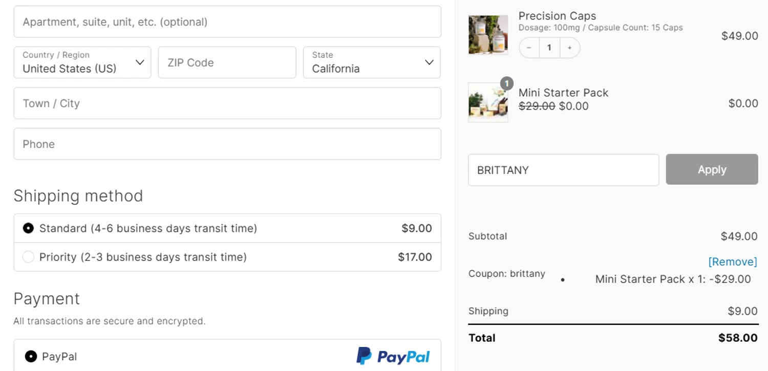 Flowdose promo code screenshot showing code BRITTANY applied at Flowdose checkout page. Uploaded by SimplyCodes community member ashe1986 on Oct 30, 2025