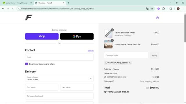 Flowell checkout page showing Flowell promo code box | Screenshot taken by SimplyCodes community member on Sep 10, 2025