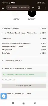 MAYFLOWERS coupon verification screenshot