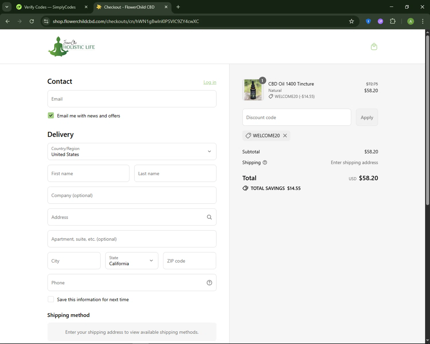 FlowerChild promo code screenshot showing code WELCOME20 applied at FlowerChild checkout page. Uploaded by SimplyCodes community member MagnificentSaver708 on Aug 11, 2025