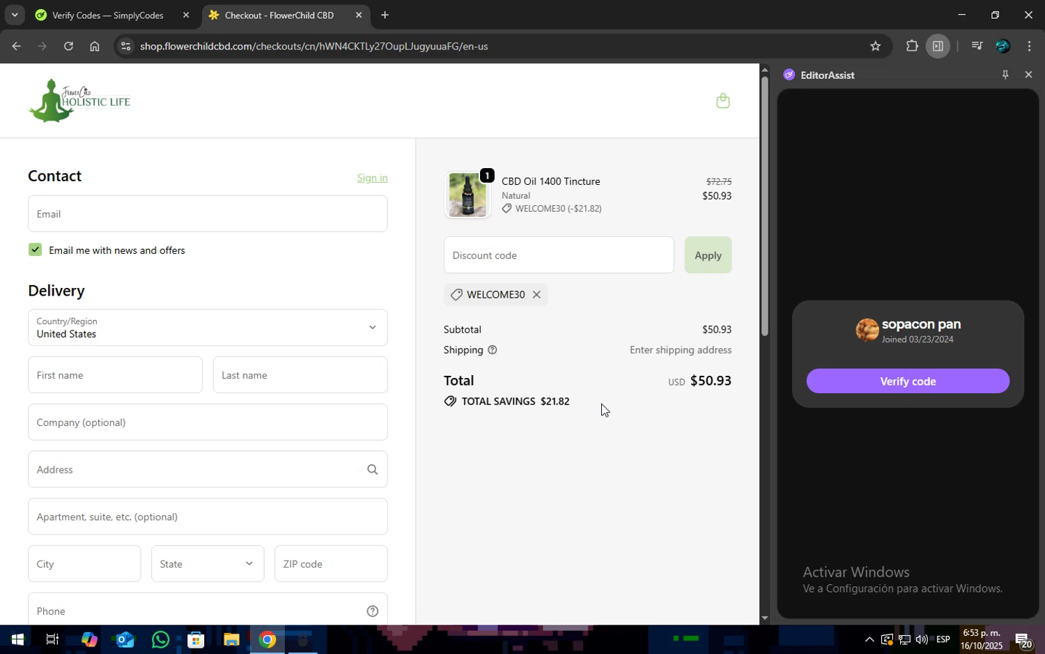 FlowerChild promo code screenshot showing code welcome30 applied at FlowerChild checkout page. Uploaded by SimplyCodes community member SOPACONPAN on Oct 16, 2025
