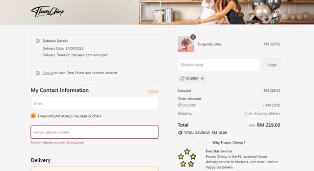Flower Chimp checkout page showing Flower Chimp promo code box | Screenshot taken by SimplyCodes community member on Sep 16, 2025