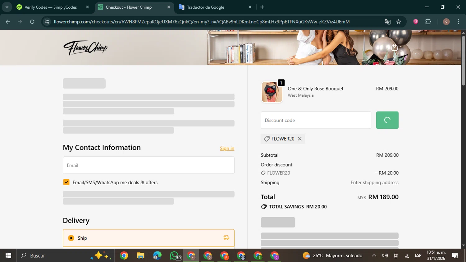 Flower Chimp promo code screenshot showing code FLOWER20 applied at Flower Chimp checkout page. Uploaded by SimplyCodes community member NobleExpert6497 on Jan 31, 2026