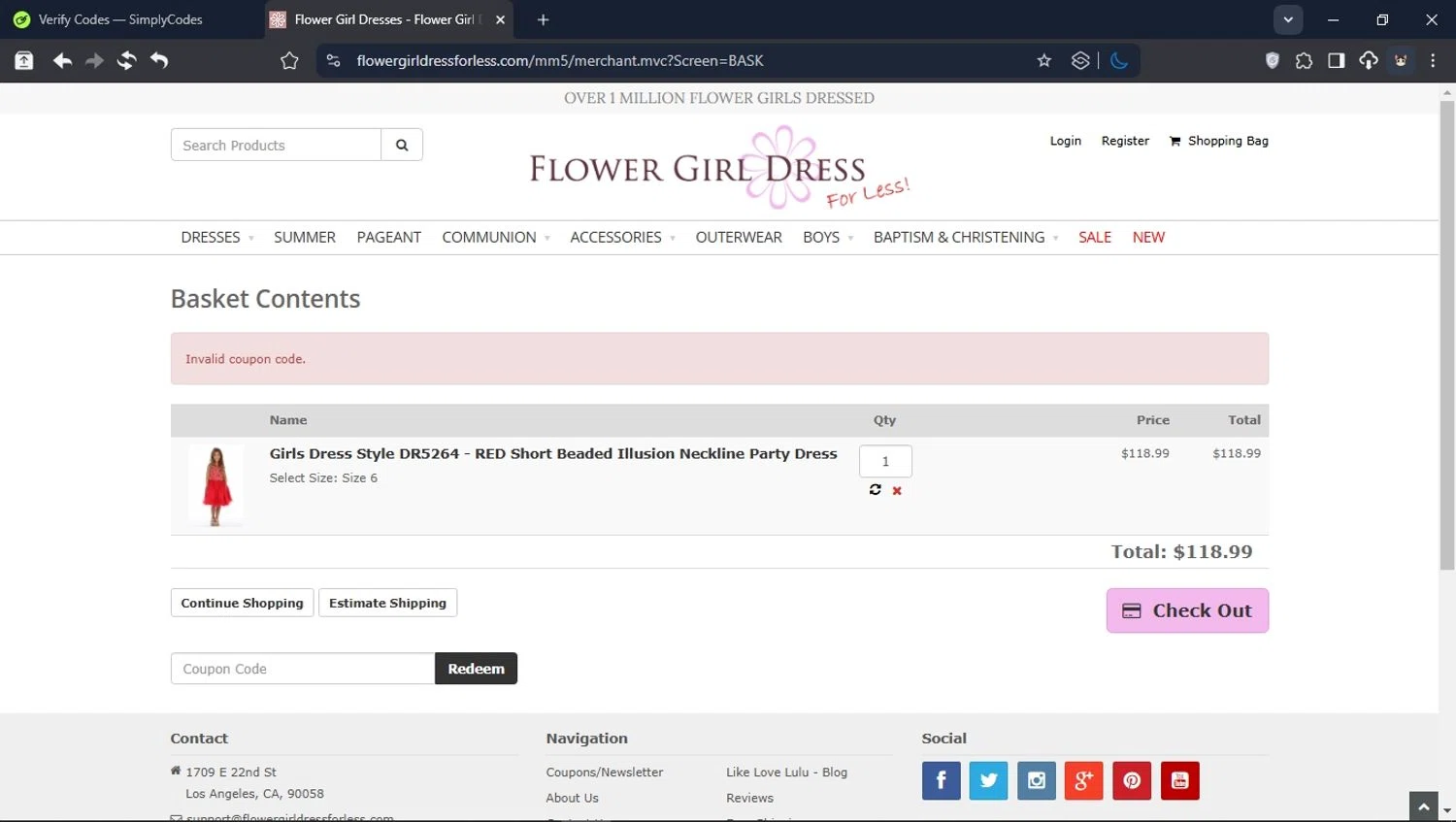 Flower Girl Dress For Less promo code screenshot showing code SALE20 applied at Flower Girl Dress For Less checkout page. Uploaded by SimplyCodes community member LegendaryCollector6259 on Apr 11, 2025