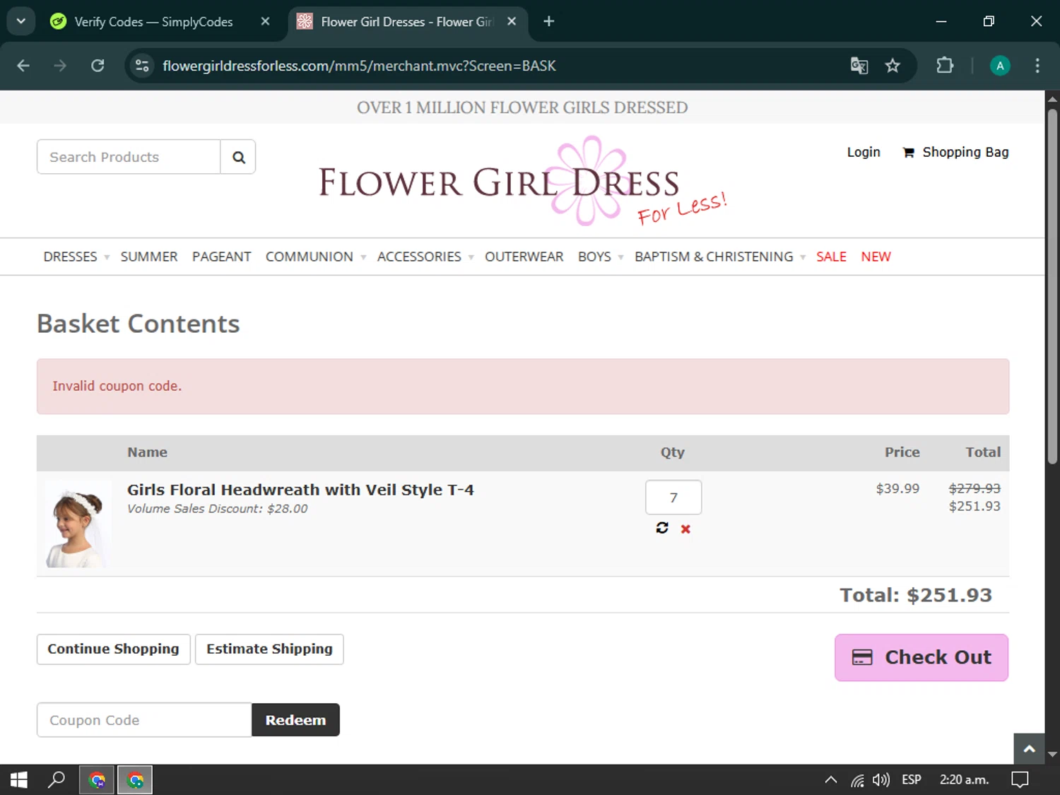 Flower Girl Dress For Less promo code screenshot showing code SALE20 applied at Flower Girl Dress For Less checkout page. Uploaded by SimplyCodes community member simplycodescupons on Apr 11, 2025