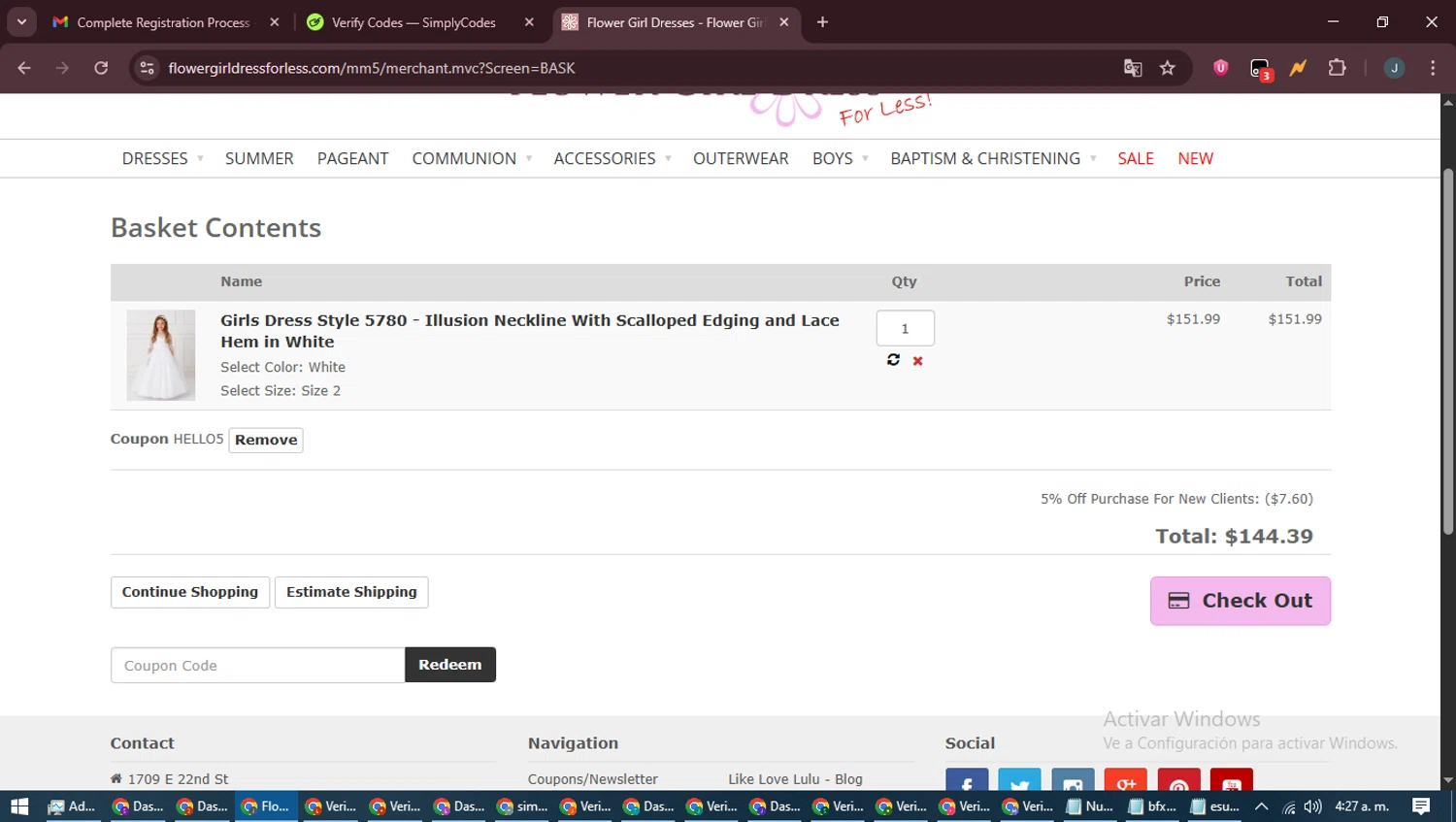 Flower Girl Dress For Less promo code screenshot showing code HELLO5 applied at Flower Girl Dress For Less checkout page. Uploaded by SimplyCodes community member ScanLynx8928 on Jun 9, 2025