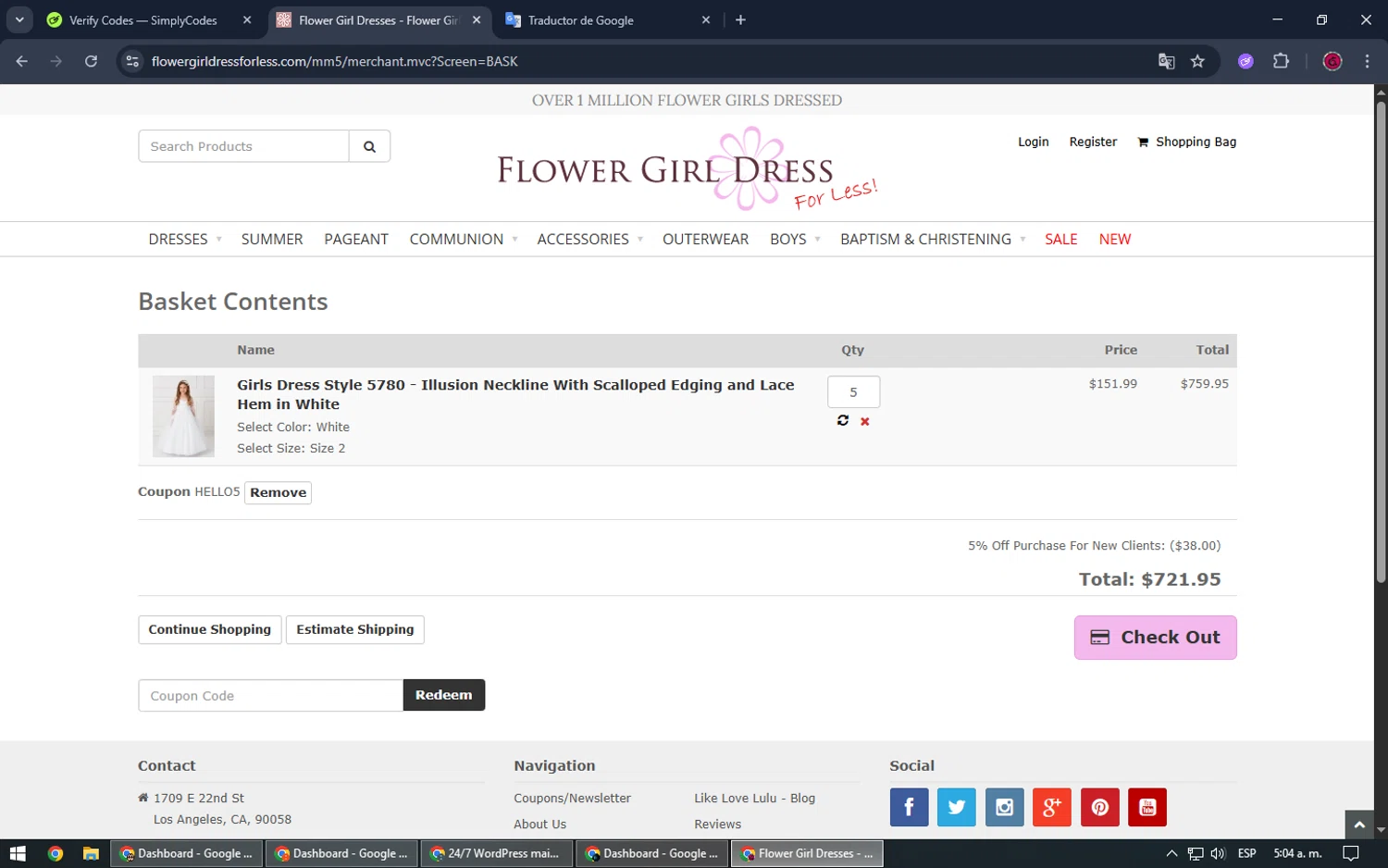 Flower Girl Dress For Less promo code screenshot showing code HELLO5 applied at Flower Girl Dress For Less checkout page. Uploaded by SimplyCodes community member SrSolomon on Jun 30, 2025