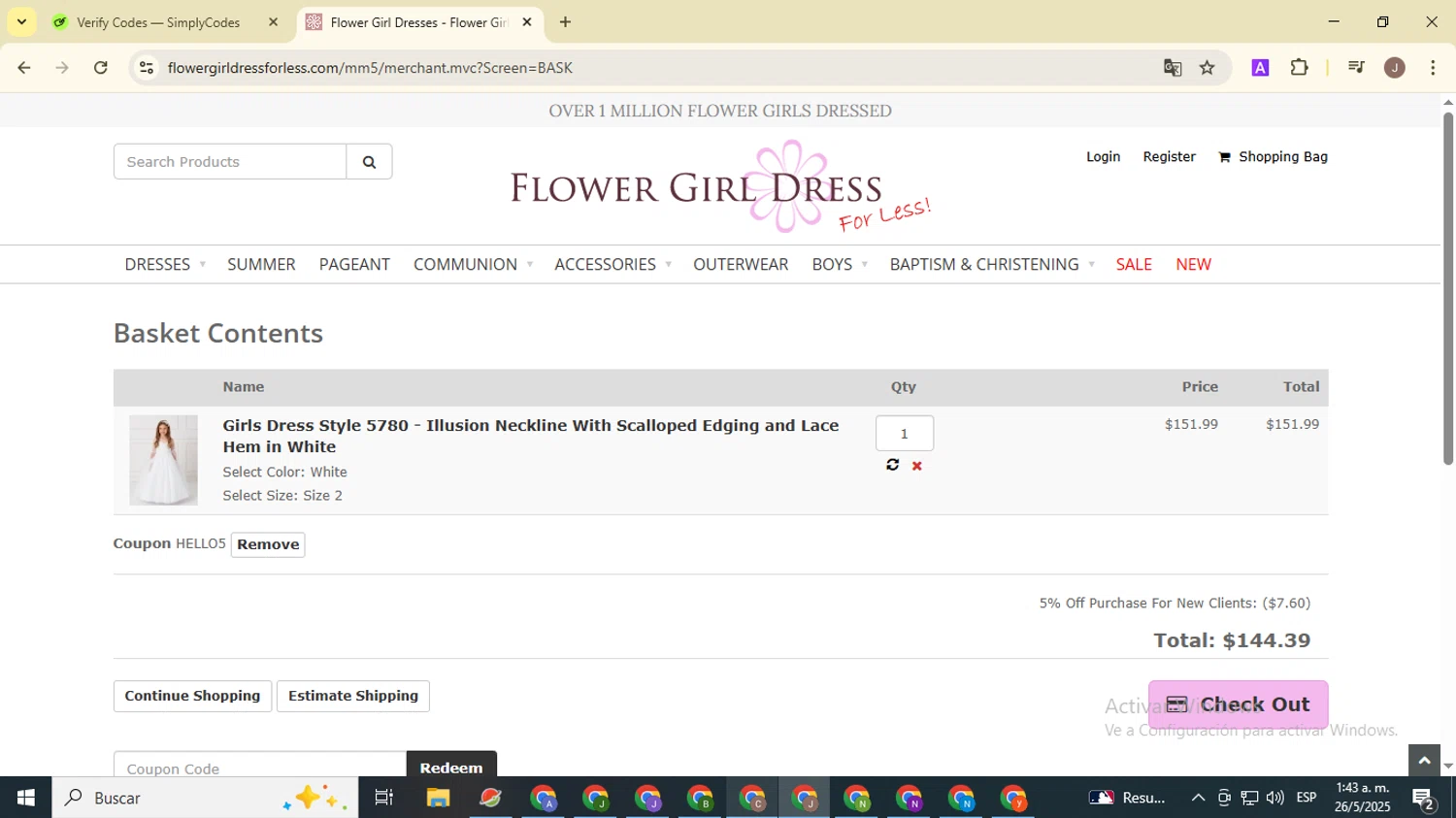 Flower Girl Dress For Less checkout page showing Flower Girl Dress For Less promo code box | Screenshot taken by SimplyCodes community member on May 26, 2025